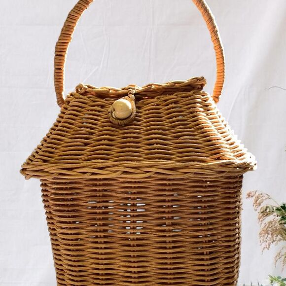 Vintage Ratan Wicker House Retro Novelty Festival Rave Basket Bag - Picture 2 of 8